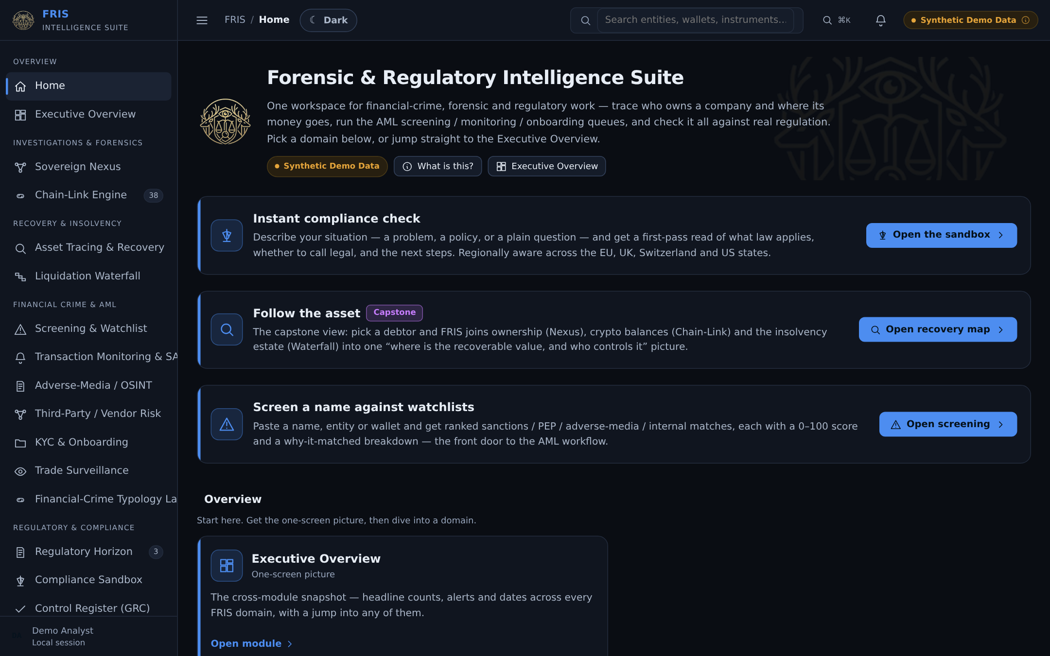 FRIS home workspace — dark navy forensic UI with module sidebar and Synthetic Demo Data label