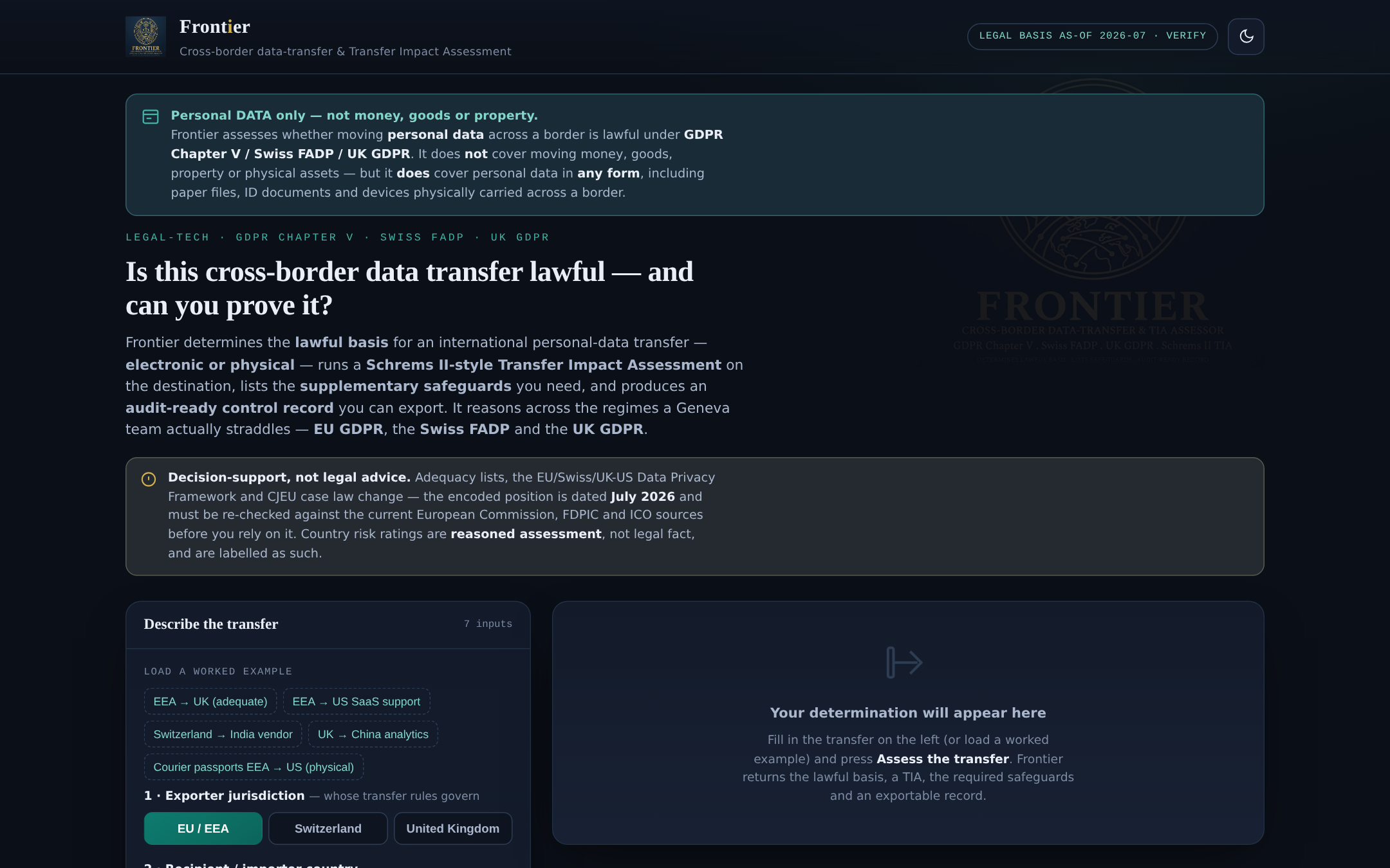 Frontier workbench — transfer form with worked examples and dated legal-basis banner