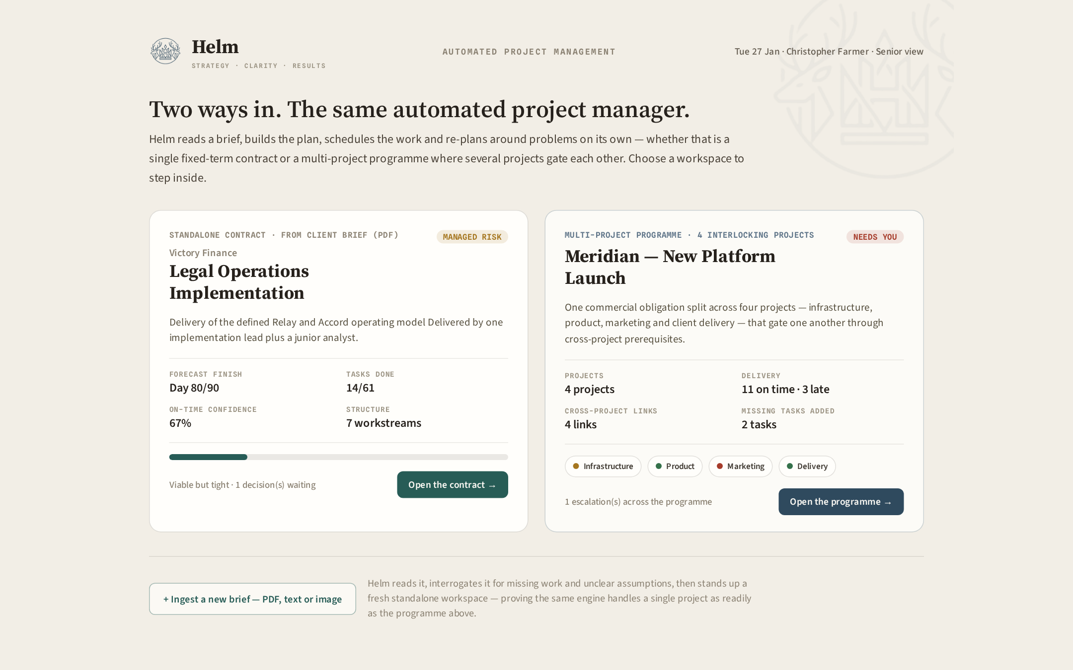 Helm senior view — two workspace cards with forecast finish, confidence and programme status
