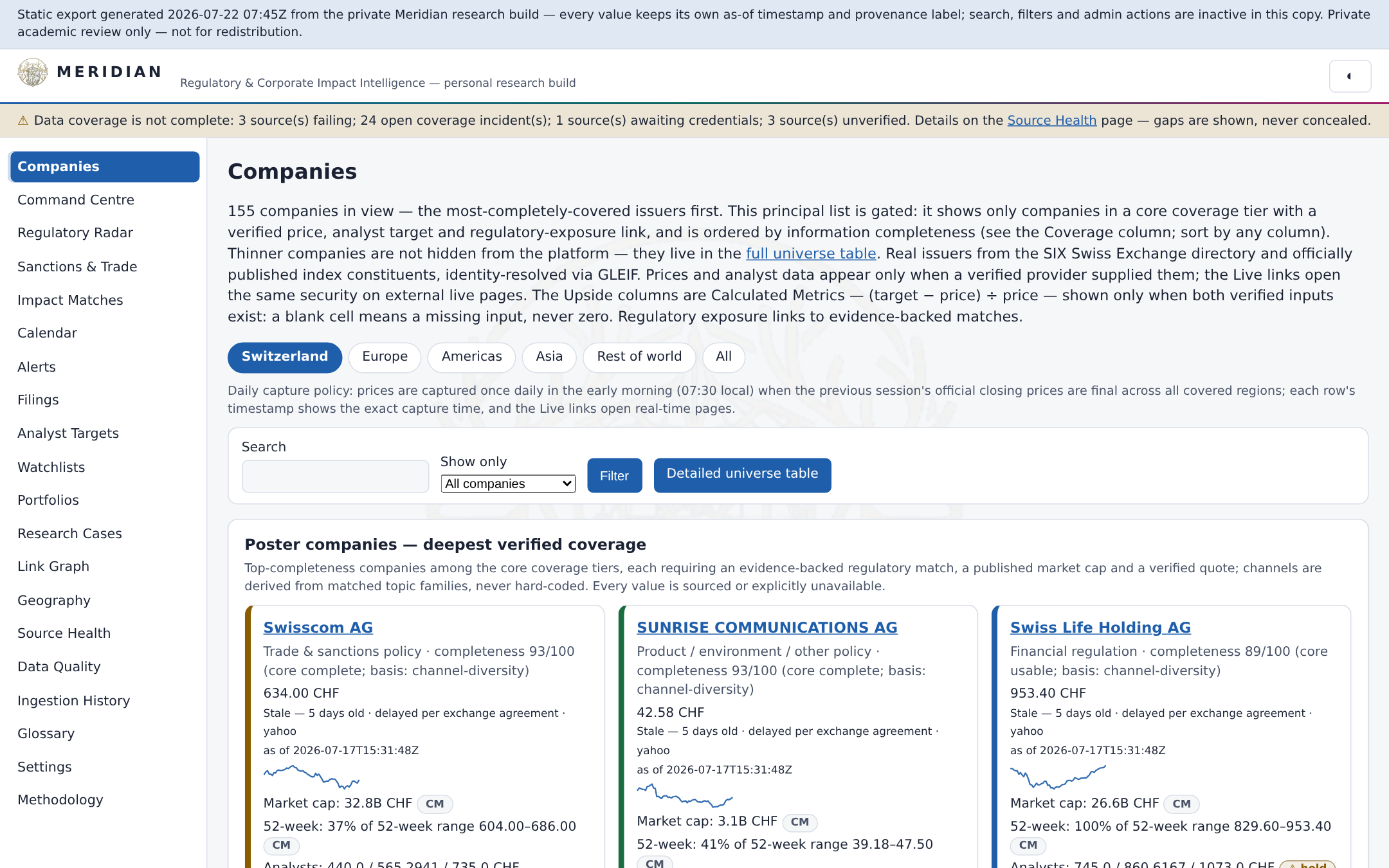 Meridian companies view — coverage-gated issuer list with provenance labels and coverage warnings