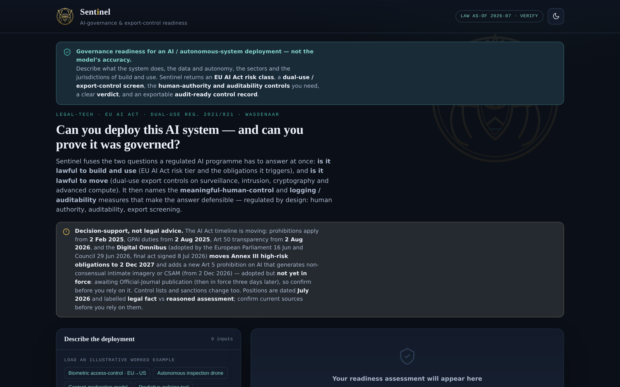 Sentinel workbench — deployment form and dated AI Act timeline advisory