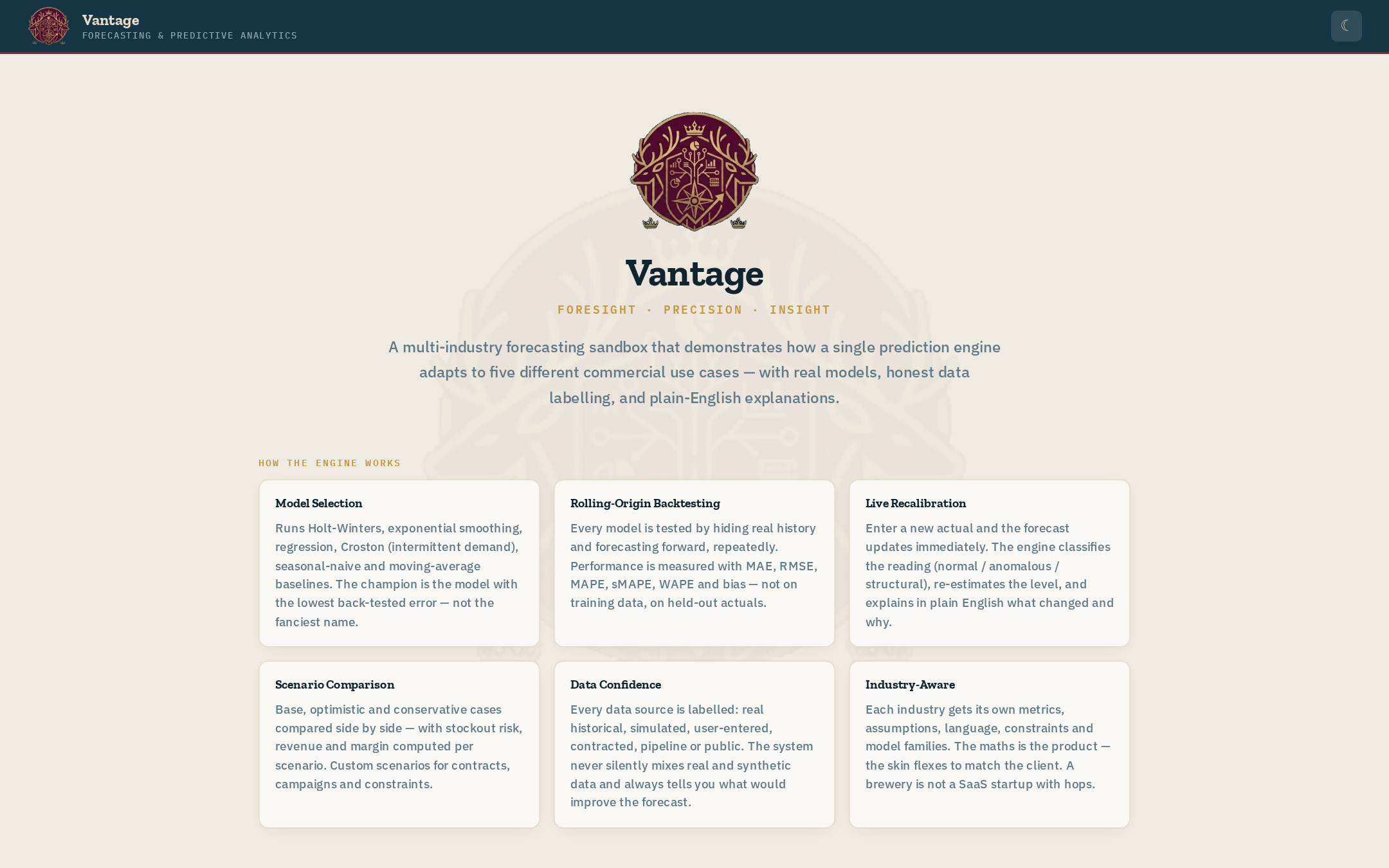 Vantage landing view — crest, strapline and six engine-capability cards